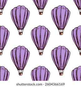 Seamless pattern with purple hot air balloon in hand drawn sketch vintage style