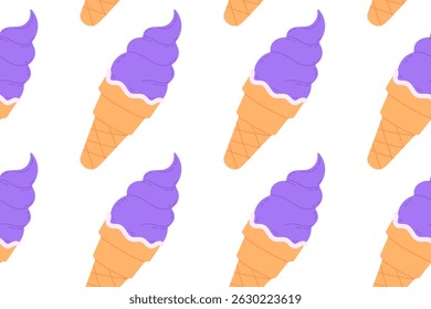 Seamless pattern of purple ice cream cones with swirl tops on white background, ideal for playful dessert and summer visuals