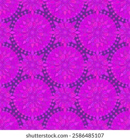 Seamless pattern with purple Indian floral ornament for fabric swatch or wrapping paper. Vector abstract kaleidoscopic background