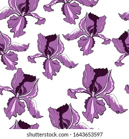 Seamless pattern with purple iris flowers. Vector illustration Creative realistic doodle tattoo. Vintage paintings, postcards, background, wallpaper. Interior Design. Gift Flowers for Women