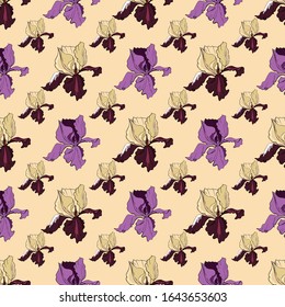 Seamless pattern with purple iris flowers. Vector illustration Creative realistic doodle tattoo. Vintage paintings, postcards, background, wallpaper. Interior Design. Gift Flowers for Women