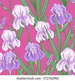 Seamless pattern with purple iris in Japanese style. Vector stock illustration.