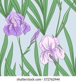 Seamless pattern with purple iris in Japanese style. Vector stock illustration.