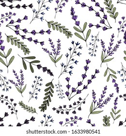 Seamless pattern of purple lavender, blue flowers and green leaves on a white background. Cute rustic style Provence. Hand drawing. Isolated object. Stock vector illustration.