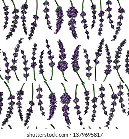 Seamless pattern of purple lavender flowers. Vector background. Perfect for wallpapers, web page backgrounds, surface textures, textile.