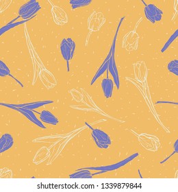 Seamless pattern with purple and light blue outline tulips on yellow background. Hand drawn ink sketch spring flowers. Flat floral background in pastel colors.
