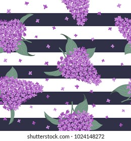 Seamless pattern with purple lilac flowers on a striped background. It can be used for packing of gifts, registration of notebooks, diaries, tiles fabrics backgrounds. Vector illustration.