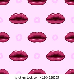 Seamless pattern purple lips on purple background