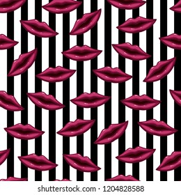 Seamless pattern purple lips on striped background