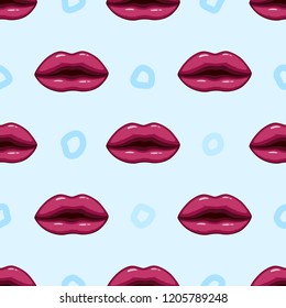 Seamless pattern purple lips on blue background