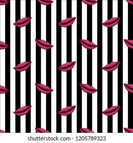 Seamless pattern purple lips on striped background