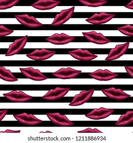 Seamless pattern purple lips on striped background