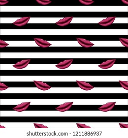 Seamless pattern purple lips on striped background