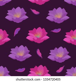 Seamless pattern of purple lotus flowers on a deep dark background.