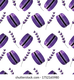 Seamless pattern with purple macaroons cookies with lavender vector on transparent background. Vector illustration. For designing clothes for cafe and restaurant