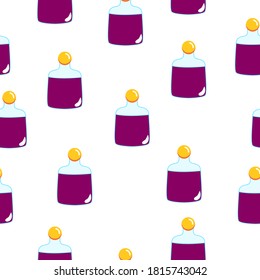 Seamless pattern with purple magic potion bottles on white background. Cartoon style. Fairy tale drink. Pharmacy and chemistry. Cosmetics and skin care. Medicine and health care. For packaging design