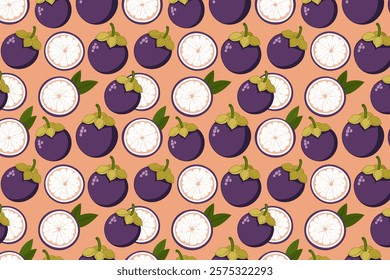 Seamless pattern with purple mangosteen. Vector illustration. Half slice fruits wallpaper design.