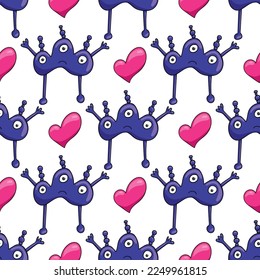 Monstruos púrpuras sin foco con corazones rosados