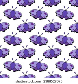 Seamless pattern with Purple Moth. Flying magic insect. Vector flat illustration for fabric, texture, wallpaper, poster, postcard.