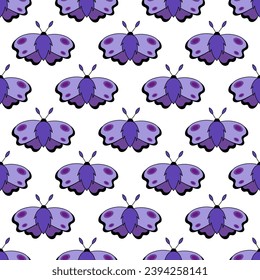 Seamless pattern with Purple Moth. Flying magic insect. Vector flat illustration for fabric, texture, wallpaper, poster, postcard.