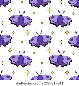 Seamless pattern with Purple Moth and Stars. Flying magic insect. Vector flat illustration for fabric, texture, wallpaper, poster, postcard.