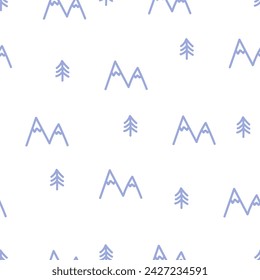Seamless pattern with purple mountains and trees