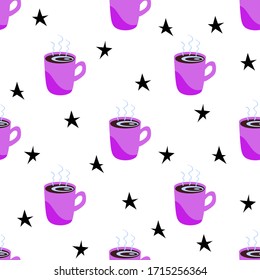 Patrón transparente de tazas violetas con café caliente y vapor. Tazas planas para envolver, papel de reserva de chatarra, identidad corporativa de café. Ilustración vectorial de material aislada en fondo blanco.