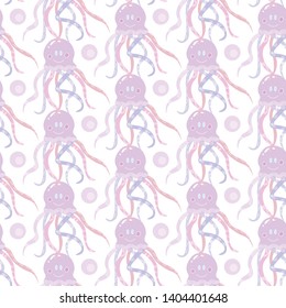 Seamless pattern with purple octopus with tentacles. Flat vector cute illustration on pink and purple colors. Kids textile design. Isolated on white.