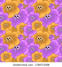 Seamless pattern with purple and orange colors of different sizes. It can be used for textiles of clothing and things, paper products, interior and background for social networks, etc.