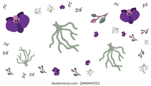 seamless pattern of purple orchid flowers and green roots on white background for floral design and nature theme