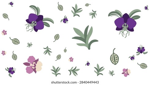seamless pattern with purple orchid flowers and green leaves on a white background vector graphic illustration