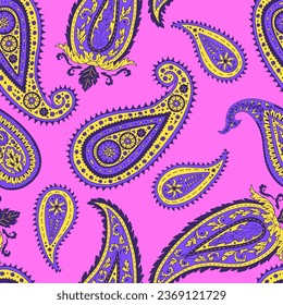 Seamless pattern with purple Paisley motifs on pink background. Traditional indian repeat design.