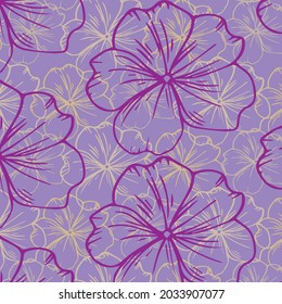 Patrón sin foco con flores moradas de color violeta. Pequeña y grande impresión floral. Colección de arte de línea. Ilustración vectorial.