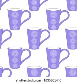 Nahtloses Muster mit violettem Pastellbecher mit Schneeflocken auf weißem Hintergrund. Vintage-Drucke im flachen Stil für das Innere. Stock-Vektorgrafik für Dekoration und Design, Stoff.