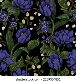 Seamless pattern with purple peonies and small flowers. Vector