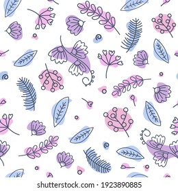 Patrón inmaculado de flores y hojas de la mano púrpura, rosa y azul y plantas sobre fondo blanco. Ilustración vectorial.