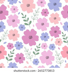 Padrão sem emenda com flor roxa e rosa. Padrão floral bonito desenhado à mão para o seu tecido, fundo de verão, papel de parede, pano de fundo, têxtil. Ilustração vetorial