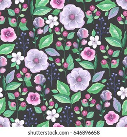 Seamless pattern with purple and pink flowers, berries and greenery leaves. Vector illustration on dark background.