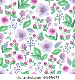Seamless pattern with purple and pink flowers, berries and greenery leaves. Vector illustration on white background.