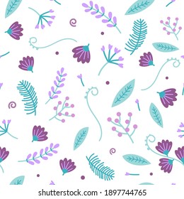 Seamless pattern of purple, pink handdrown flowers and green leafs and plants on white background. Vector illustration.