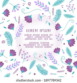 Seamless pattern of purple, pink handdrown flowers, green leafs, plants with watercolor circle and text in the centre on white background. Vector illustration.