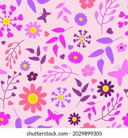Seamless pattern of purple pink lilac violet flowers in the summer spring autumn garden for fabric, textile, stationary, fashion design print, apparel, clothing, wallpaper, dress, home decor.