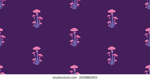 Seamless pattern with purple and pink mushrooms. vector illustration