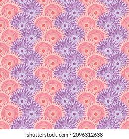 Seamless Pattern With Purple And Pink Round Coral Flowers. Underwater World.