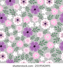 Patrón sin fisuras con jardín de flores púrpura, rosa y blanco. Lindo patrón floral dibujado a mano para su tela, fondo de verano, Fondo de pantalla, telón de fondo, textil.