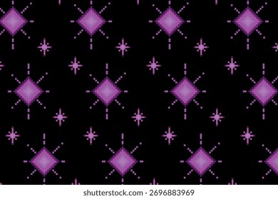Modelo inconsútil con las estrellas púrpuras del pixel en un fondo negro. Ilustración vectorial.