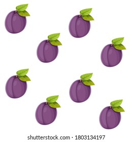 Seamless pattern from purple plum with leaves on white background