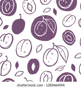 Seamless pattern with purple plums. Ink hand drawn vector illustration. Can be used for wrapping paper, fabric, detox diet concept, farmers market, shop, menu, cafe, restaurant.