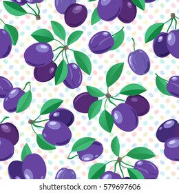 Seamless pattern with purple plums. Vector illustration. Fruit background.