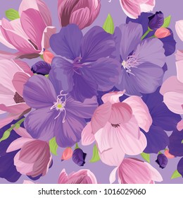 Seamless pattern with purple princess flower or tibouchina urvilleana and leaf on violet background template. Vector set of blooming floral for wedding invitations, greeting card and fashion design.